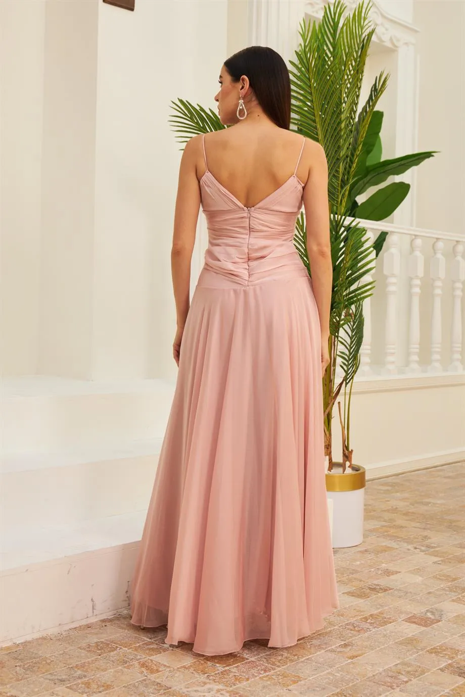 Angelino Powder Chiffon Hanger Collar Long Evening Dress and Invitation Dress