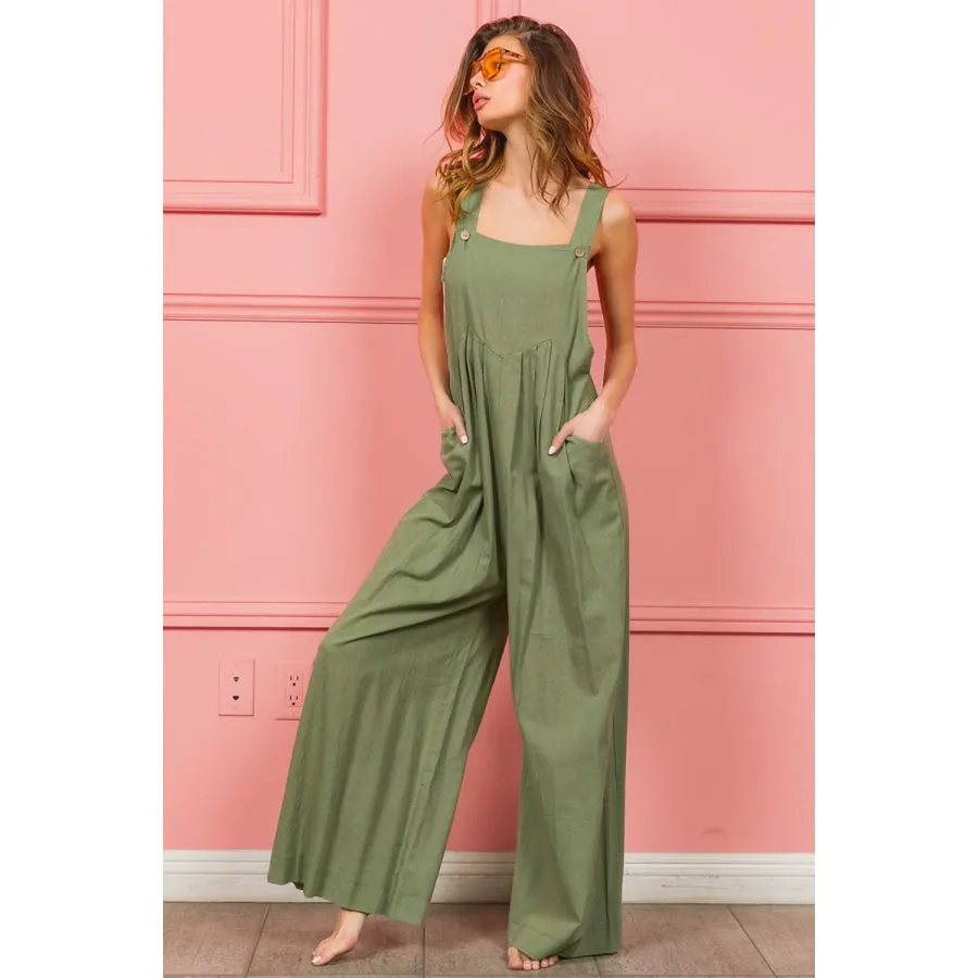 BiBi Ruched Wide Leg Overalls with Pockets