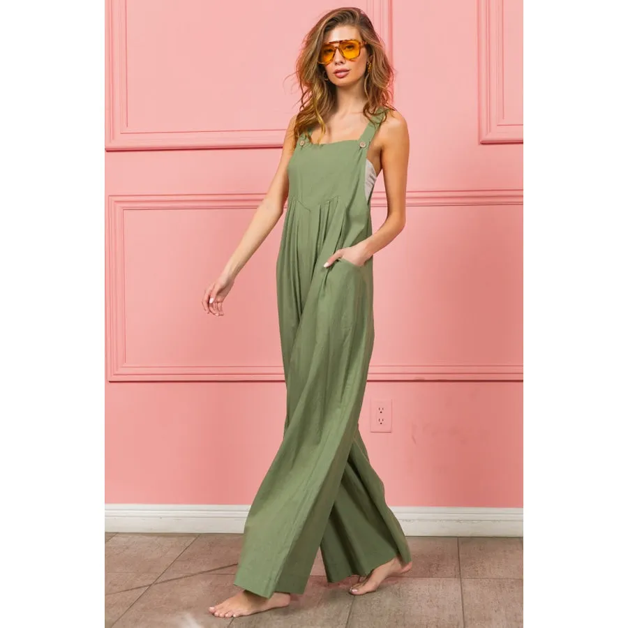 BiBi Ruched Wide Leg Overalls with Pockets