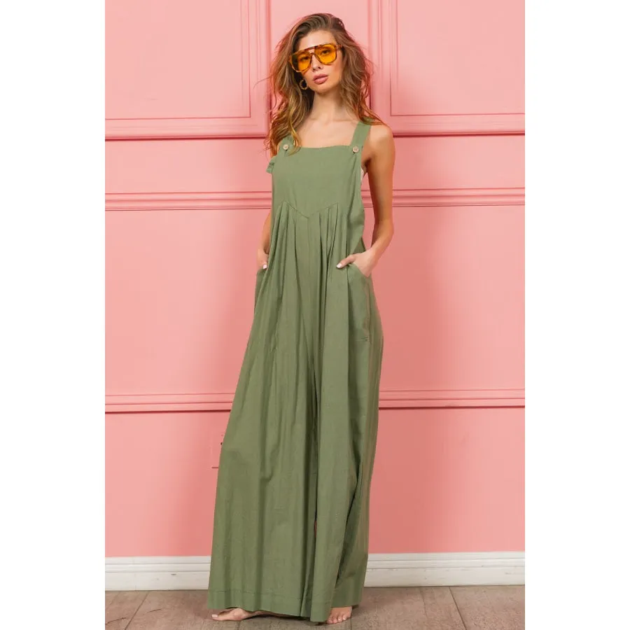 BiBi Ruched Wide Leg Overalls with Pockets