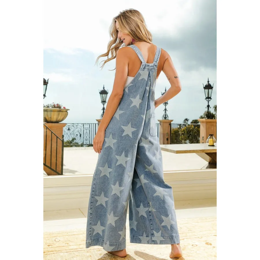 BiBi Star Pattern Wide Leg Washed Denim Overalls