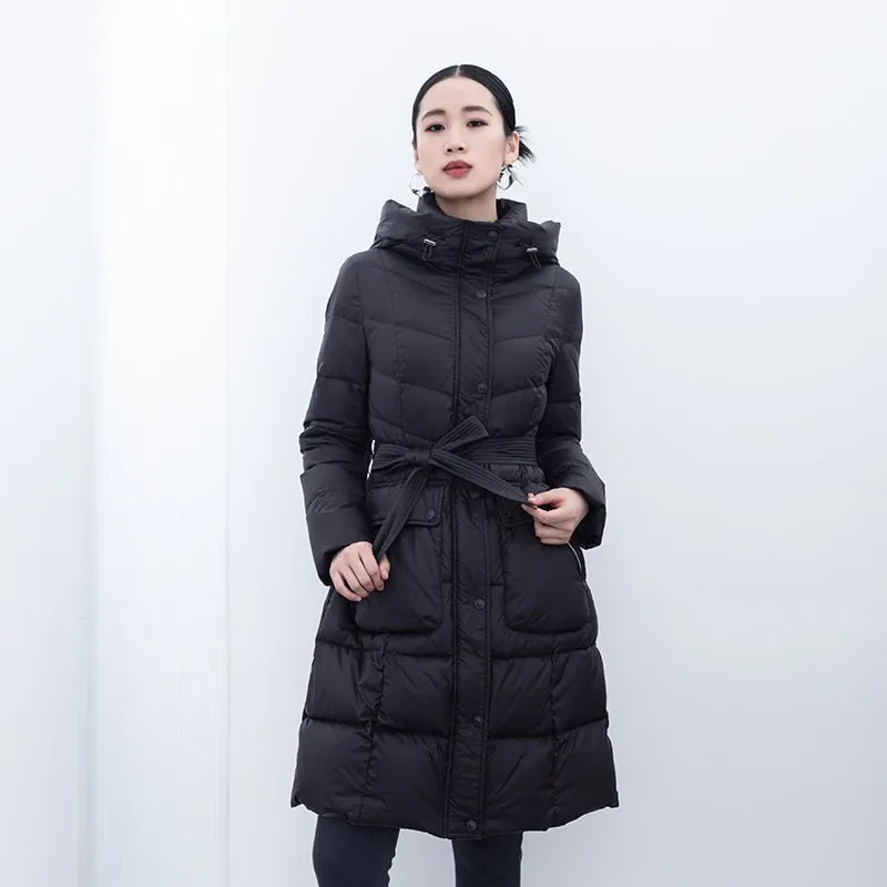 Black Midi Length Waist Goose Down Jacket