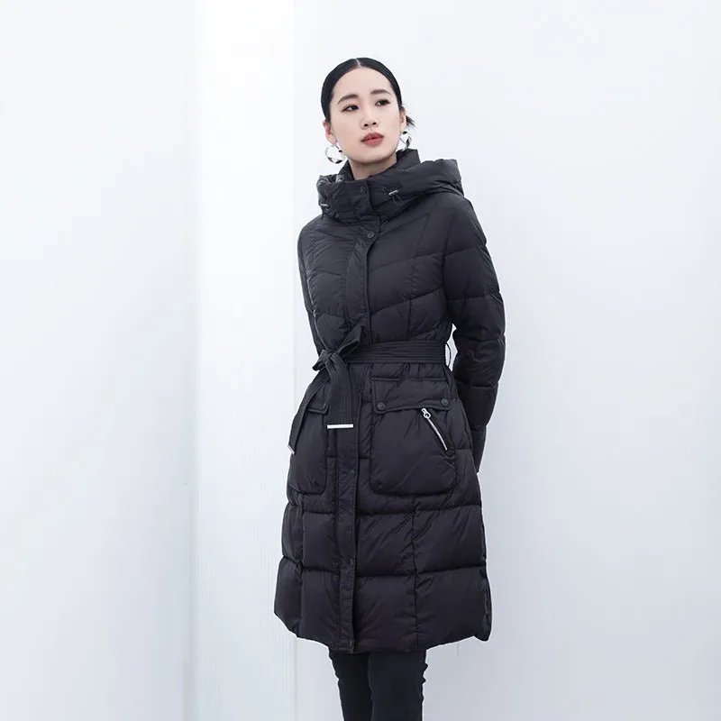 Black Midi Length Waist Goose Down Jacket