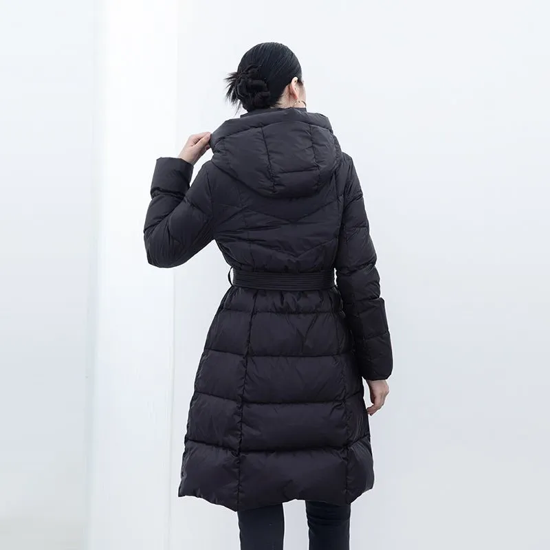 Black Midi Length Waist Goose Down Jacket