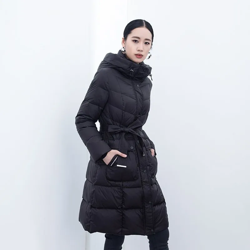 Black Midi Length Waist Goose Down Jacket