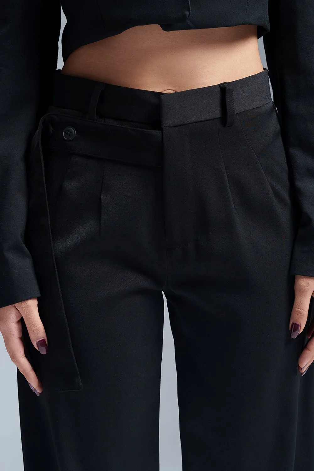 Black Nova Strap Detailed Korean Pants