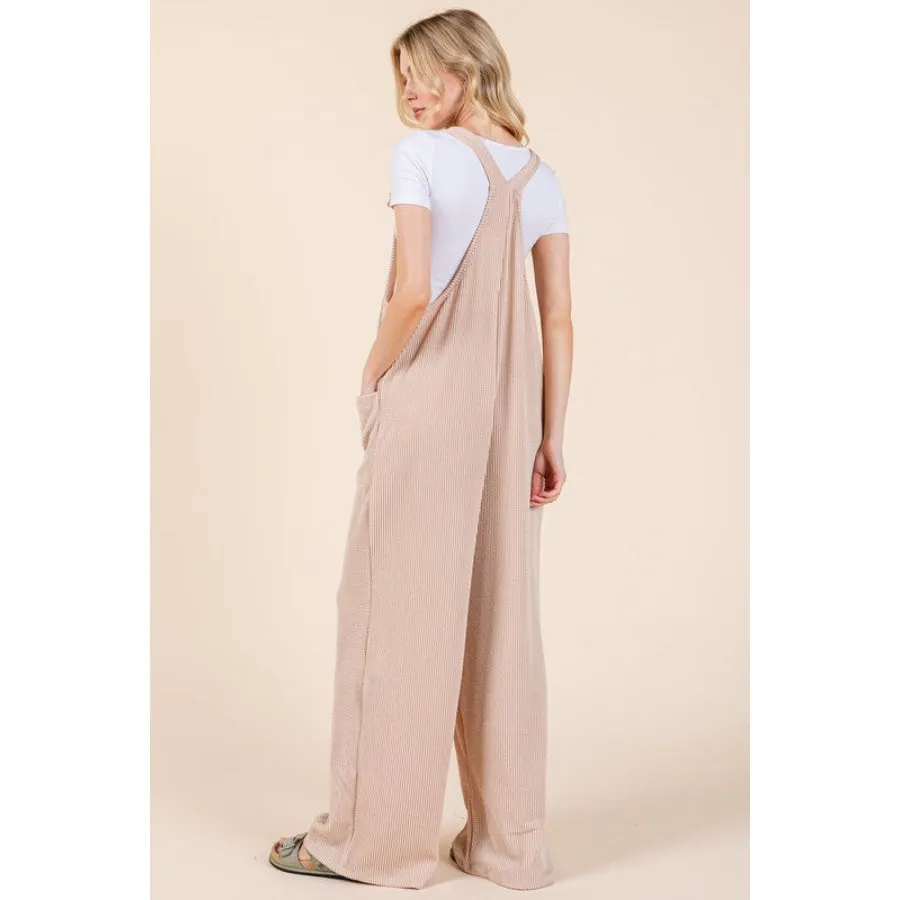 BOMBOM Knot Straps Wide Leg Ribbed Overalls with Pockets