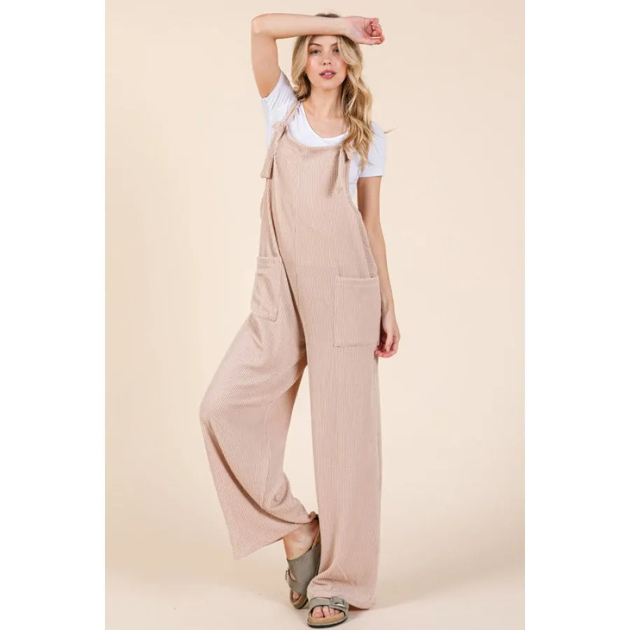 BOMBOM Knot Straps Wide Leg Ribbed Overalls with Pockets