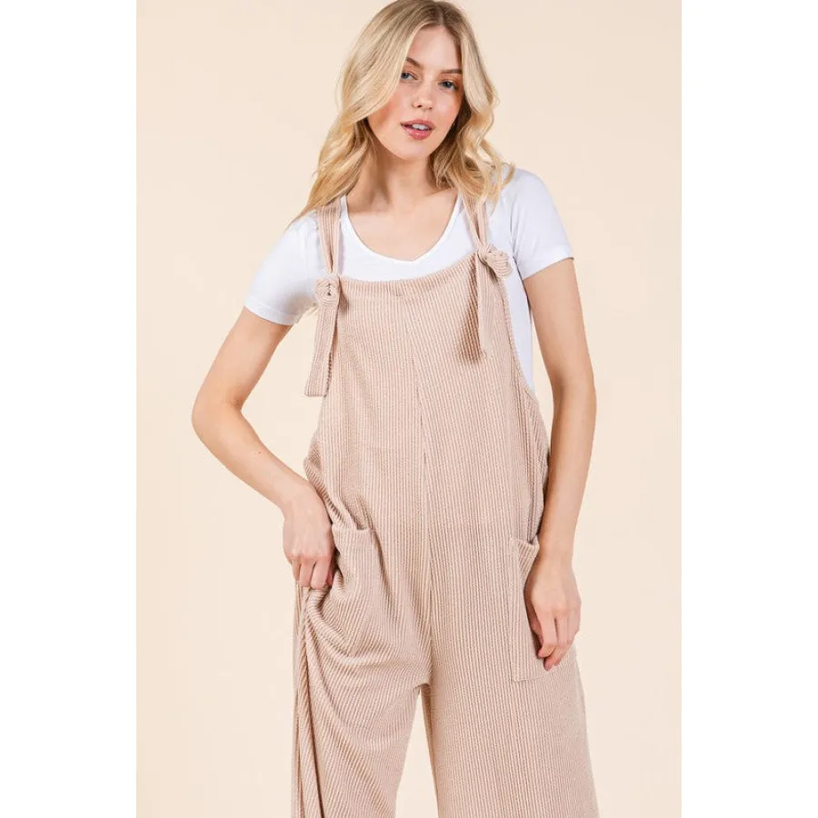 BOMBOM Knot Straps Wide Leg Ribbed Overalls with Pockets