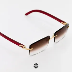 Cartier Red Wood Glasses with Gold C Decor and Brown Lens