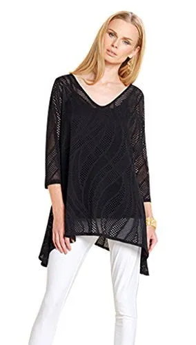 Clara Sun Woo Eyelet Stretch Knit w/Side Points, V-Neck Black Tunic Top