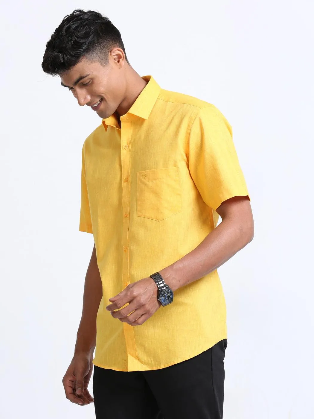 Cotton Linen Yellow Colour Shirt Half Sleeve