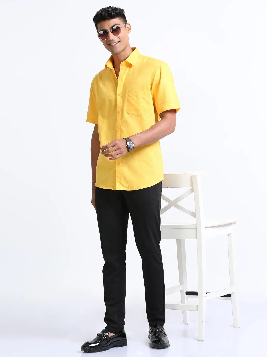 Cotton Linen Yellow Colour Shirt Half Sleeve