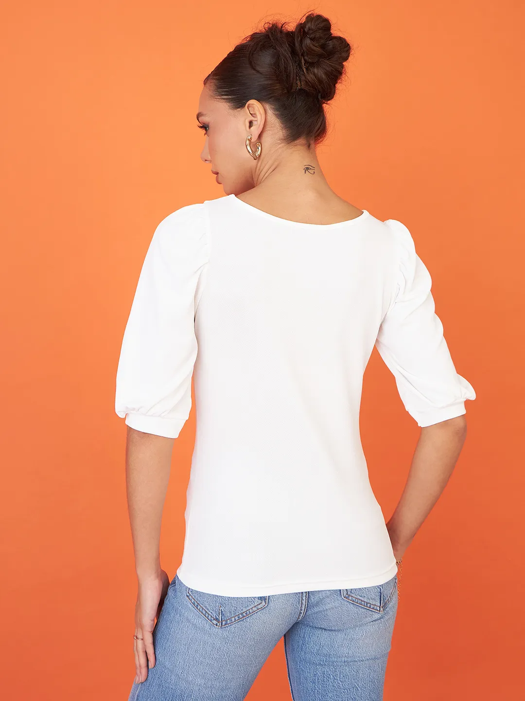 Cotton Solid Stretchable Round Neck Puff Sleeve Top