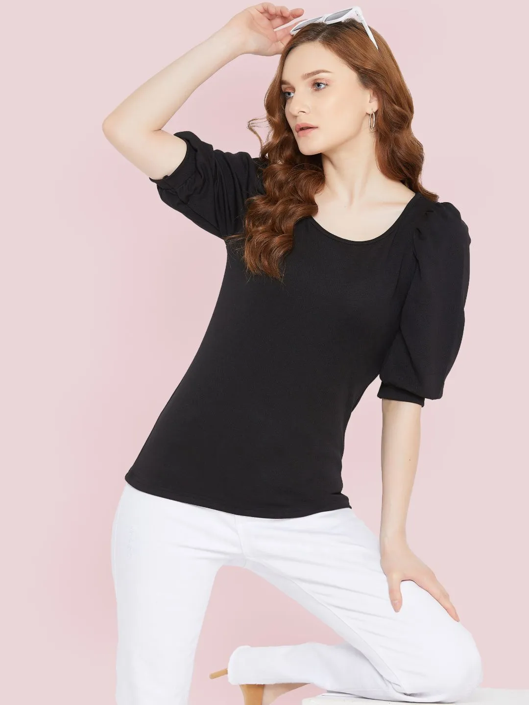 Cotton Solid Stretchable Round Neck Puff Sleeve Top