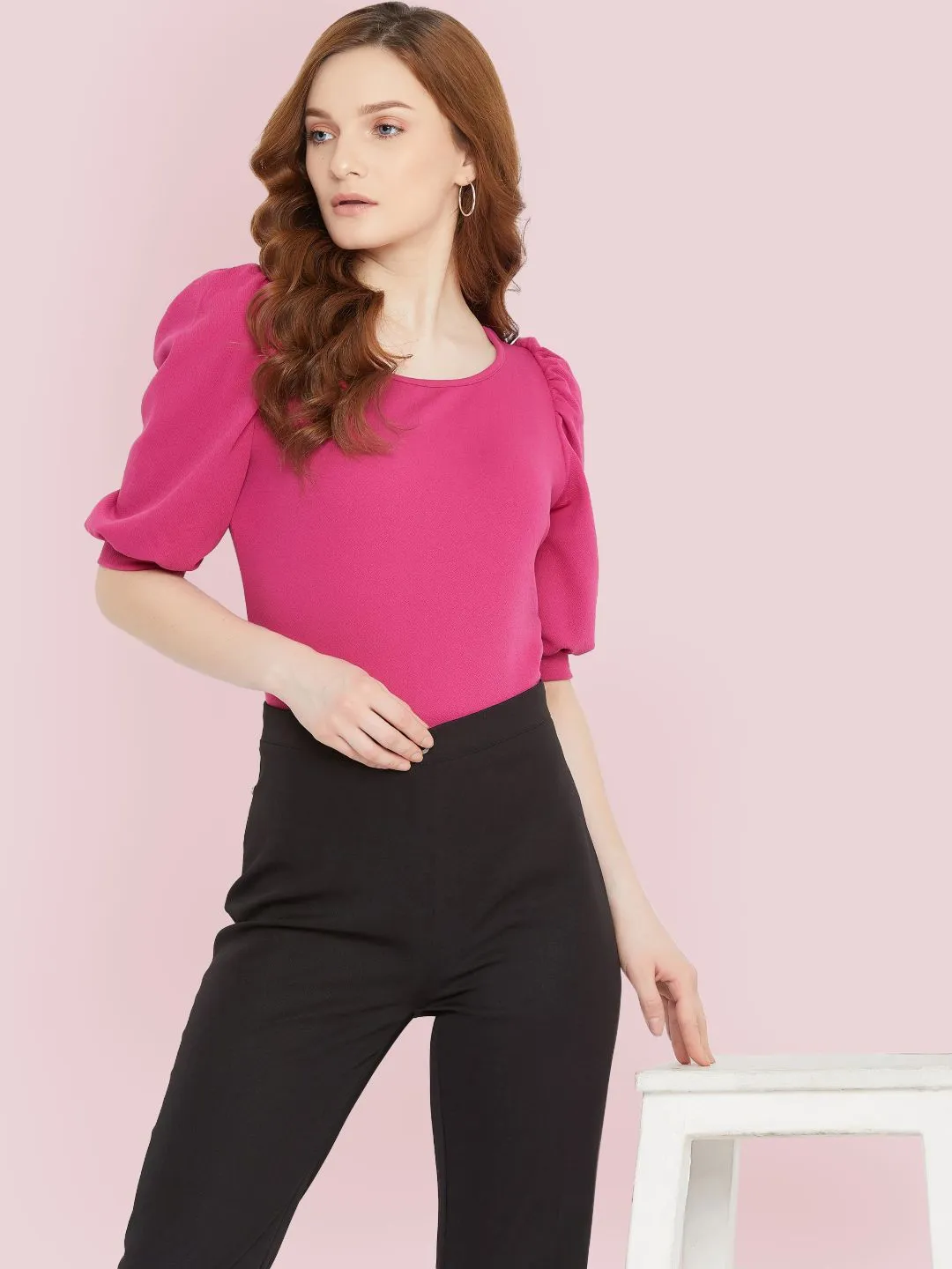 Cotton Solid Stretchable Round Neck Puff Sleeve Top