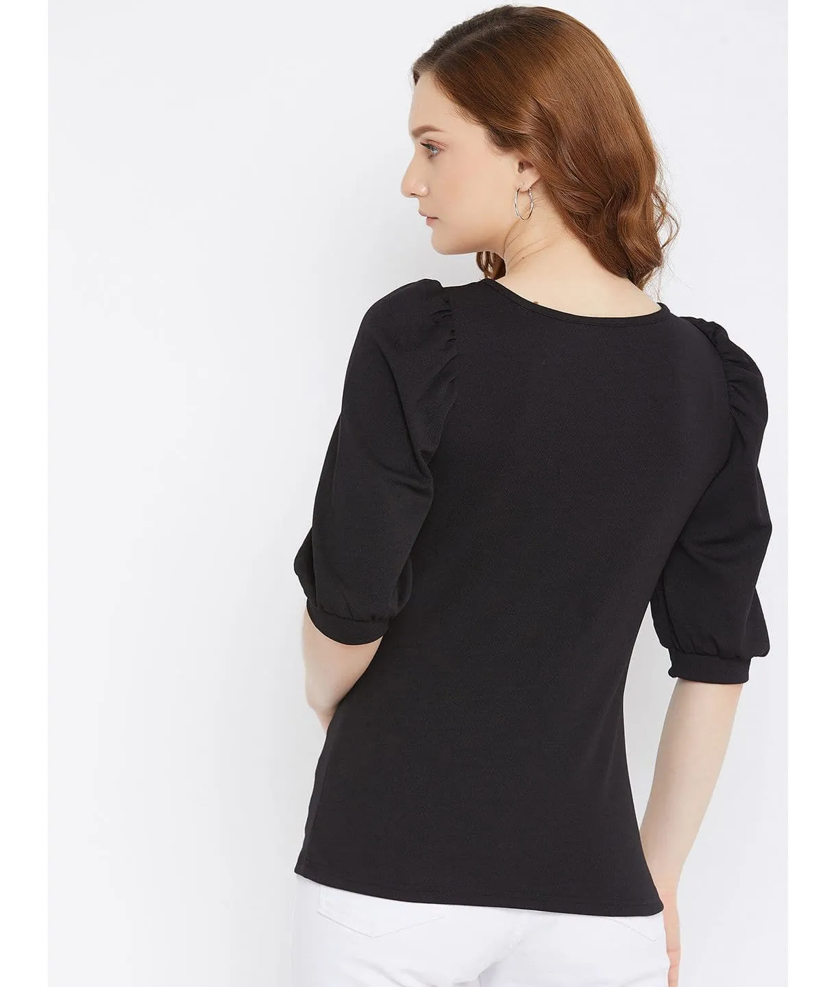 Cotton Solid Stretchable Round Neck Puff Sleeve Top