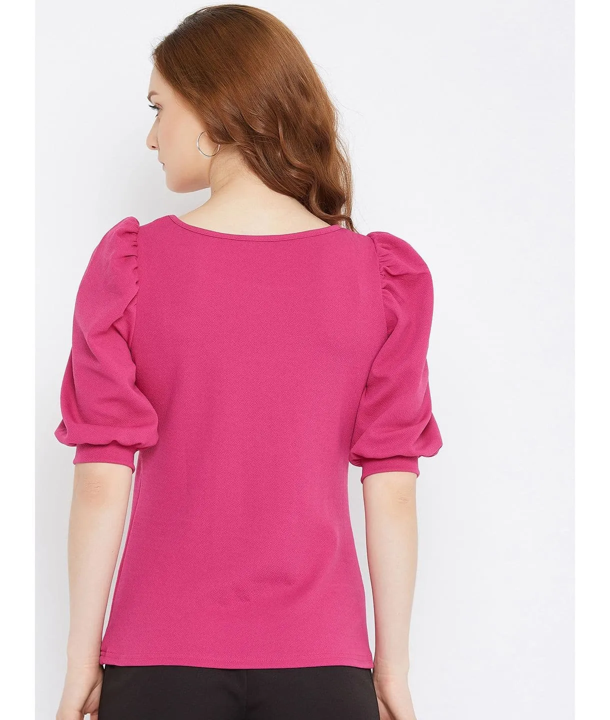 Cotton Solid Stretchable Round Neck Puff Sleeve Top