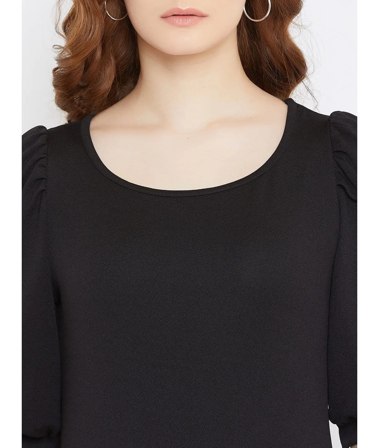 Cotton Solid Stretchable Round Neck Puff Sleeve Top