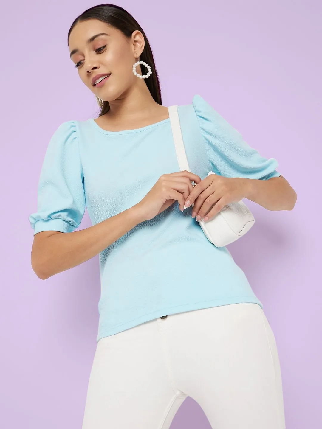 Cotton Solid Stretchable Round Neck Puff Sleeve Top