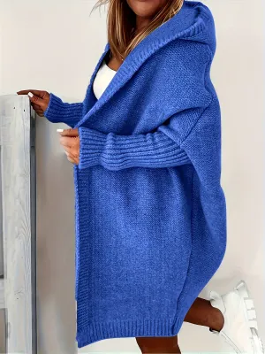 Cozy Plus Size Hooded Cardigan – Stretch Knit, Solid Color, Durable Casual Outerwear for Spring/Fall