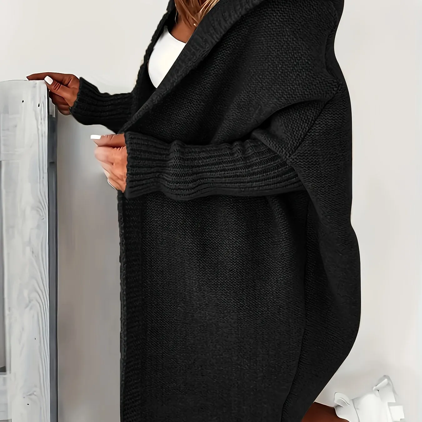 Cozy Plus Size Hooded Cardigan – Stretch Knit, Solid Color, Durable Casual Outerwear for Spring/Fall