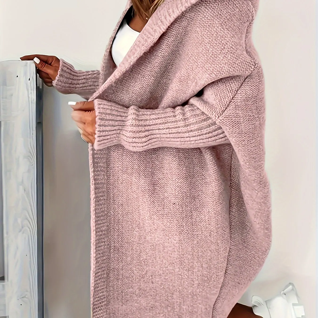 Cozy Plus Size Hooded Cardigan – Stretch Knit, Solid Color, Durable Casual Outerwear for Spring/Fall