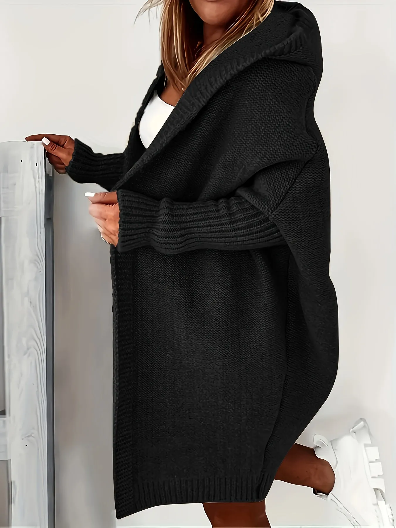 Cozy Plus Size Hooded Cardigan – Stretch Knit, Solid Color, Durable Casual Outerwear for Spring/Fall