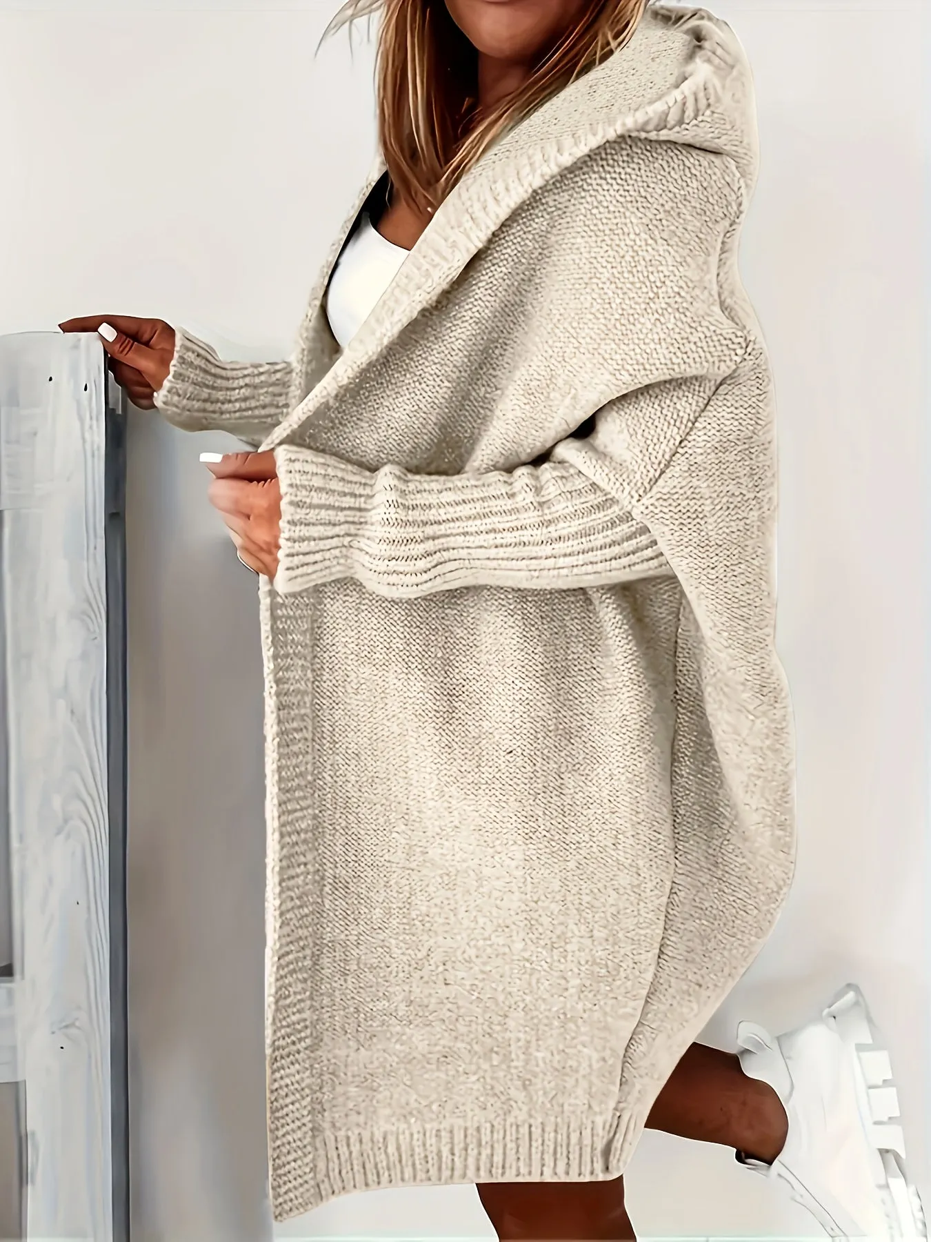 Cozy Plus Size Hooded Cardigan – Stretch Knit, Solid Color, Durable Casual Outerwear for Spring/Fall