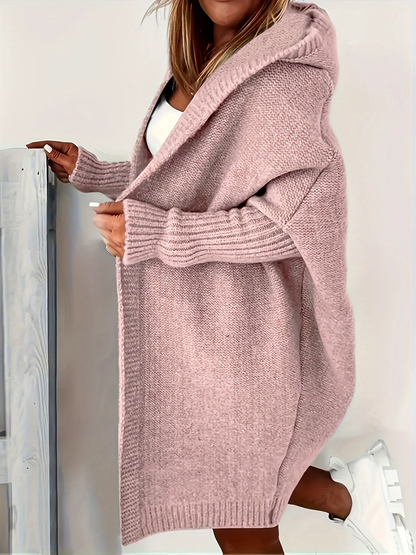 Cozy Plus Size Hooded Cardigan – Stretch Knit, Solid Color, Durable Casual Outerwear for Spring/Fall