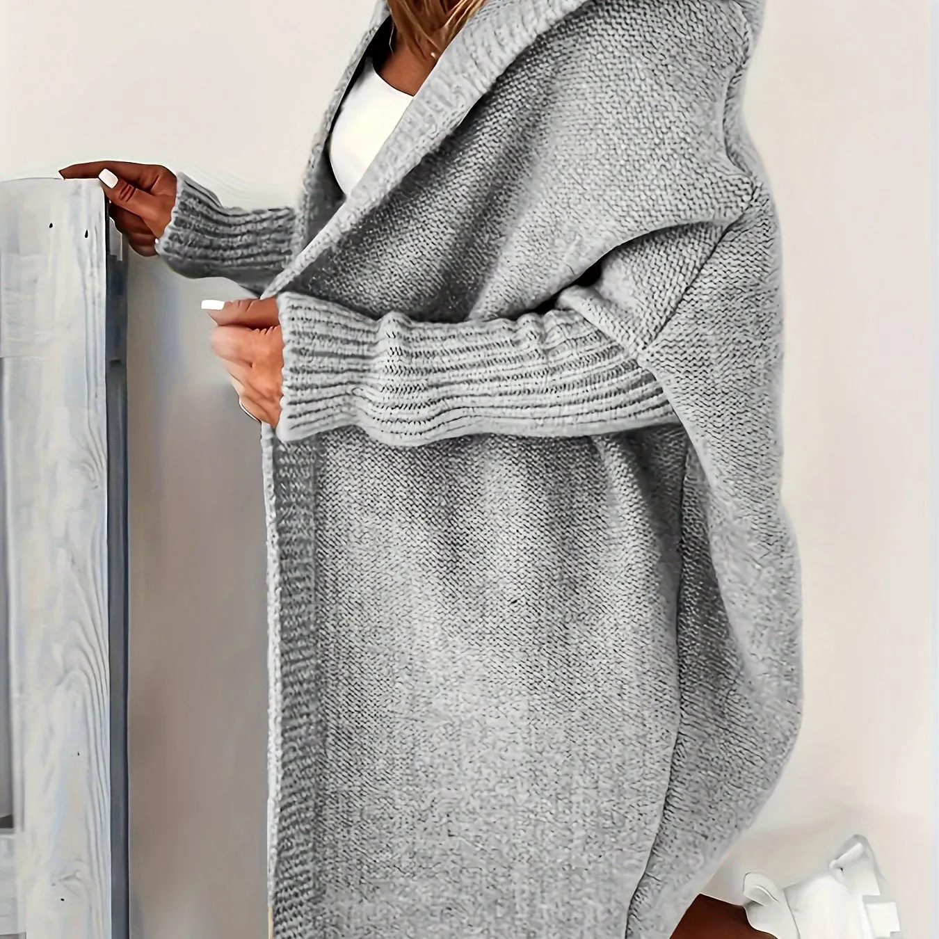 Cozy Plus Size Hooded Cardigan – Stretch Knit, Solid Color, Durable Casual Outerwear for Spring/Fall