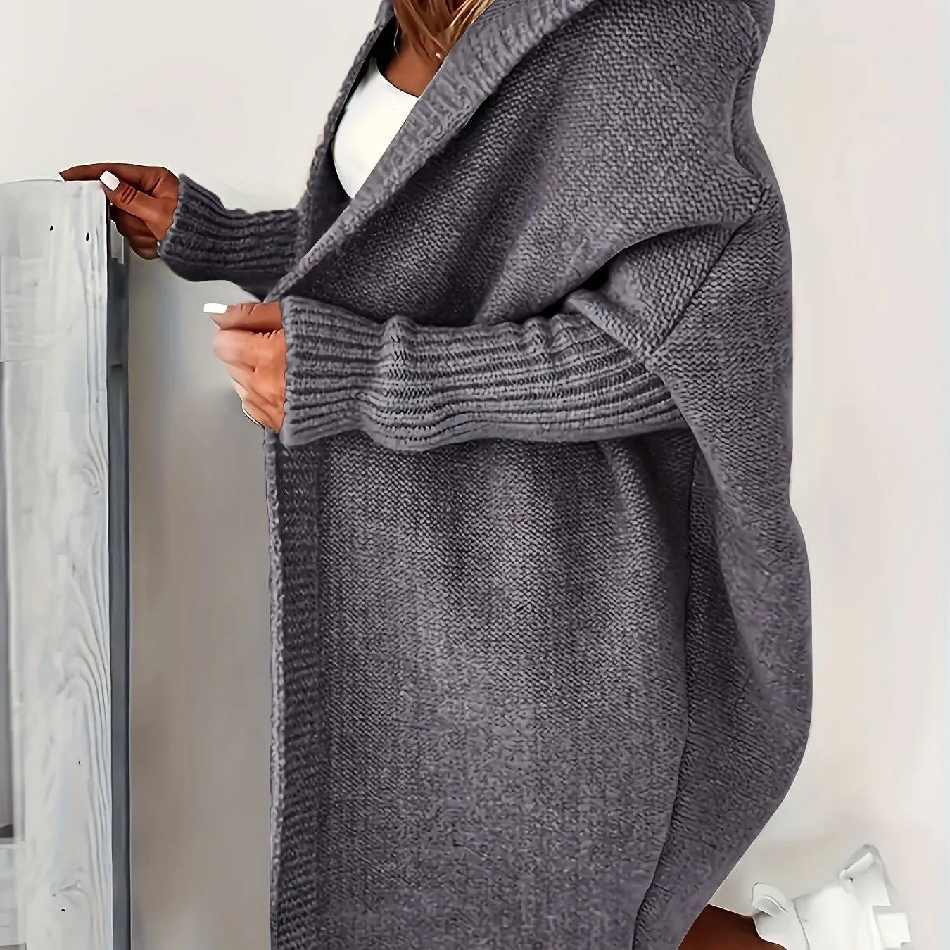 Cozy Plus Size Hooded Cardigan – Stretch Knit, Solid Color, Durable Casual Outerwear for Spring/Fall