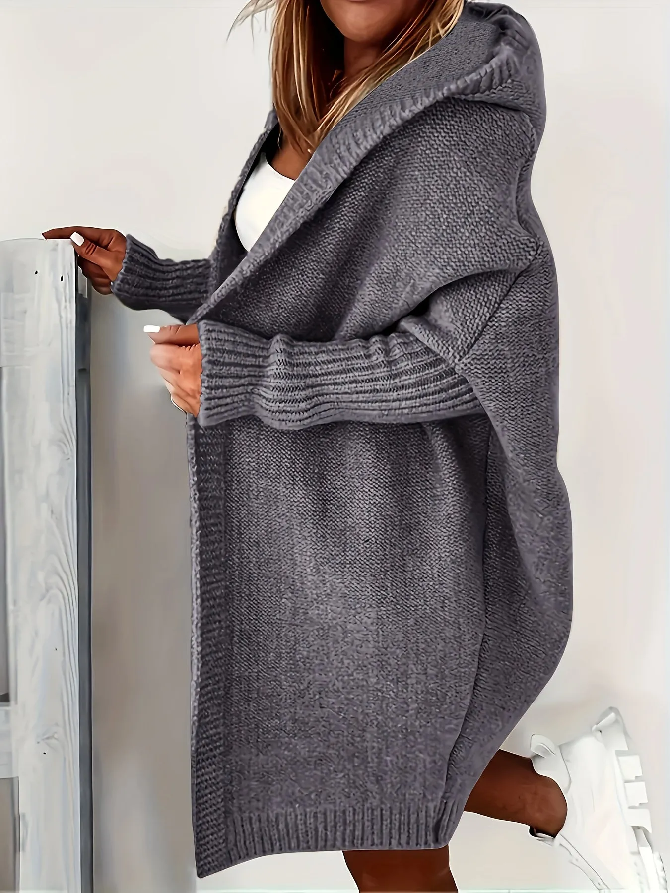 Cozy Plus Size Hooded Cardigan – Stretch Knit, Solid Color, Durable Casual Outerwear for Spring/Fall