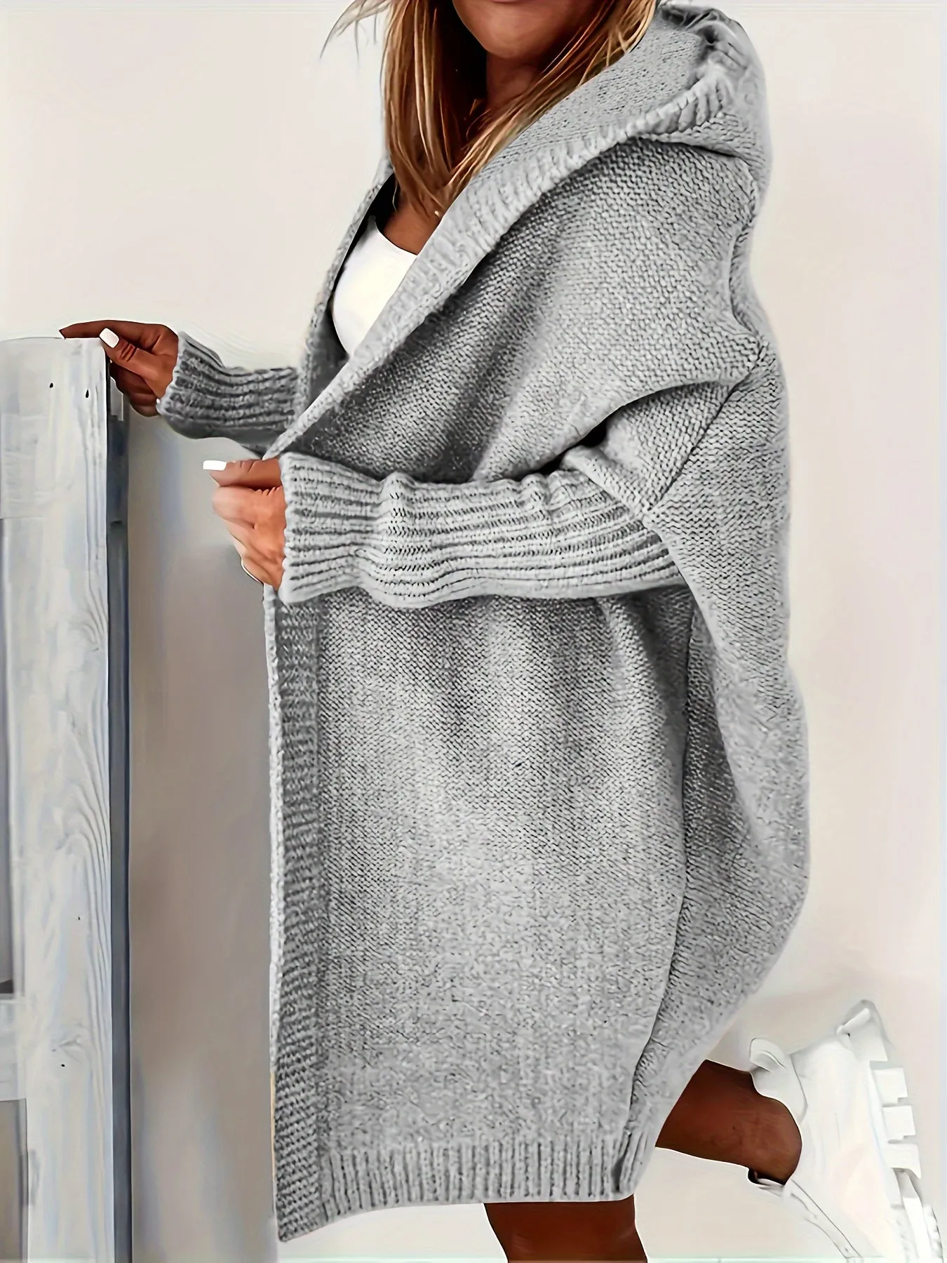 Cozy Plus Size Hooded Cardigan – Stretch Knit, Solid Color, Durable Casual Outerwear for Spring/Fall