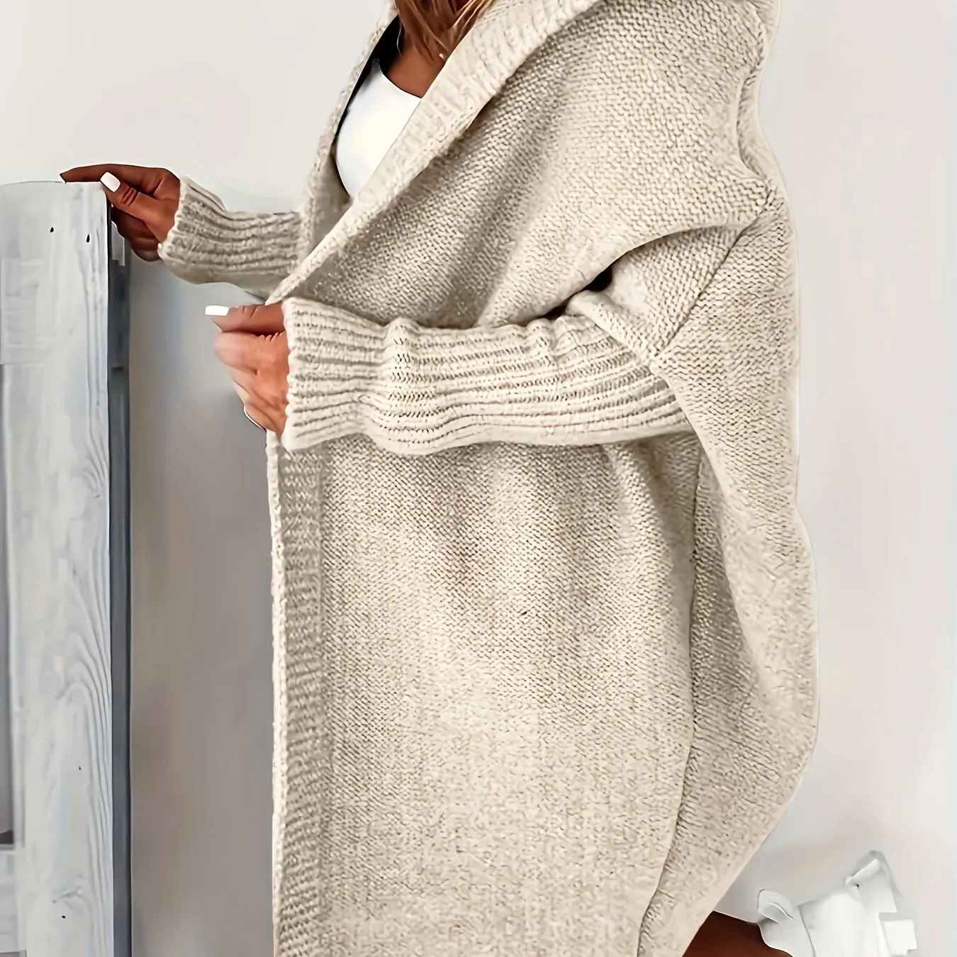 Cozy Plus Size Hooded Cardigan – Stretch Knit, Solid Color, Durable Casual Outerwear for Spring/Fall