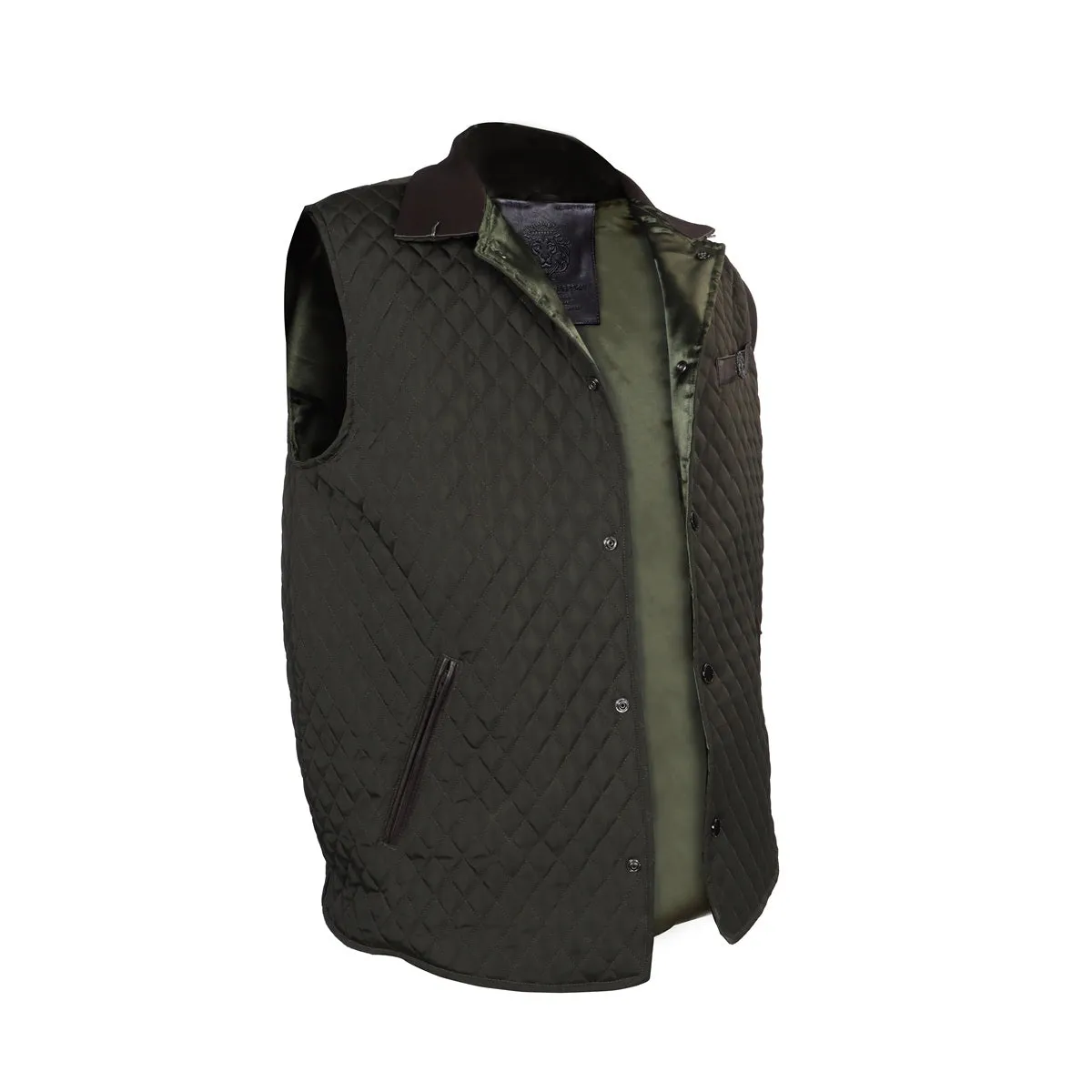 Diamond Stitched Olive Puffer Vest with Dark Brown Leather Trims Collar & Pockets by Brune & Bareskin