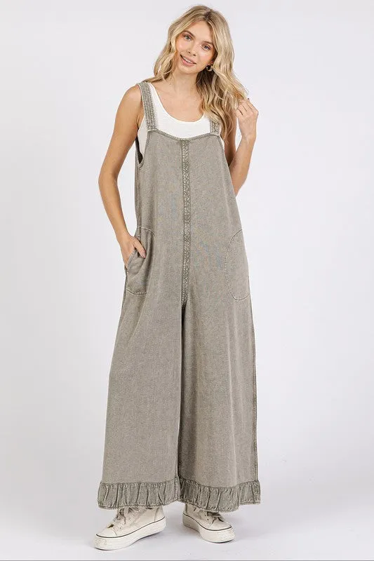 Explore More Collection - Mittoshop Ruffled Hem Wide Leg Overalls with Pockets