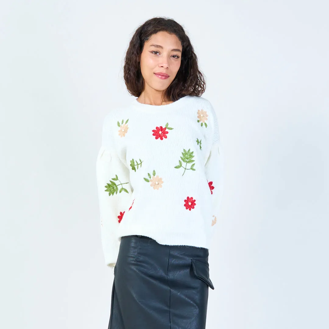 Floral knit crewneck sweater wholesale