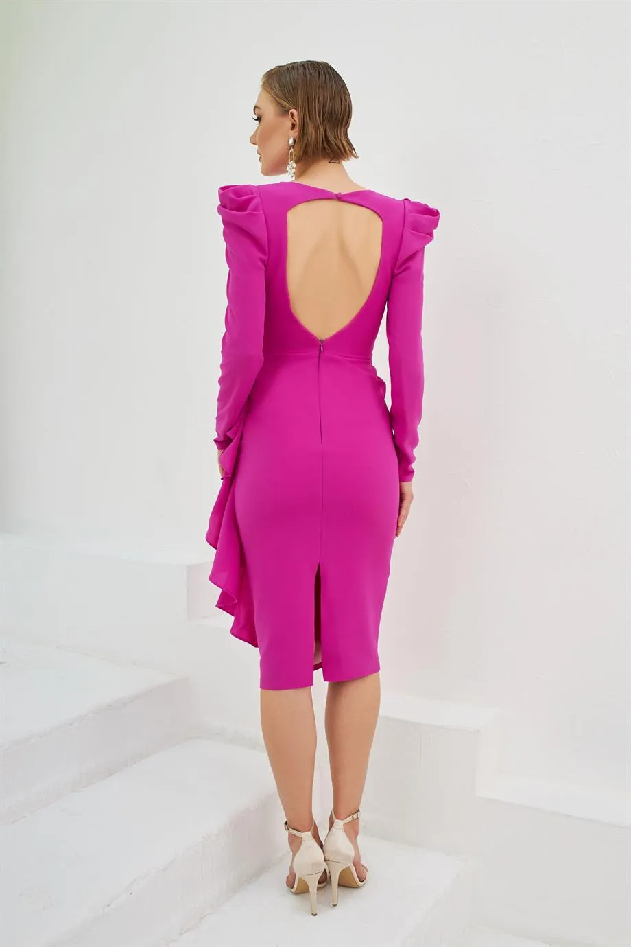 Fuchsia Crepe Low-Cut Back Waistband Midi Evening Dress