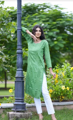 Green Regal Radiance Chanderi Silk Kurti and Stretchable Pant Set