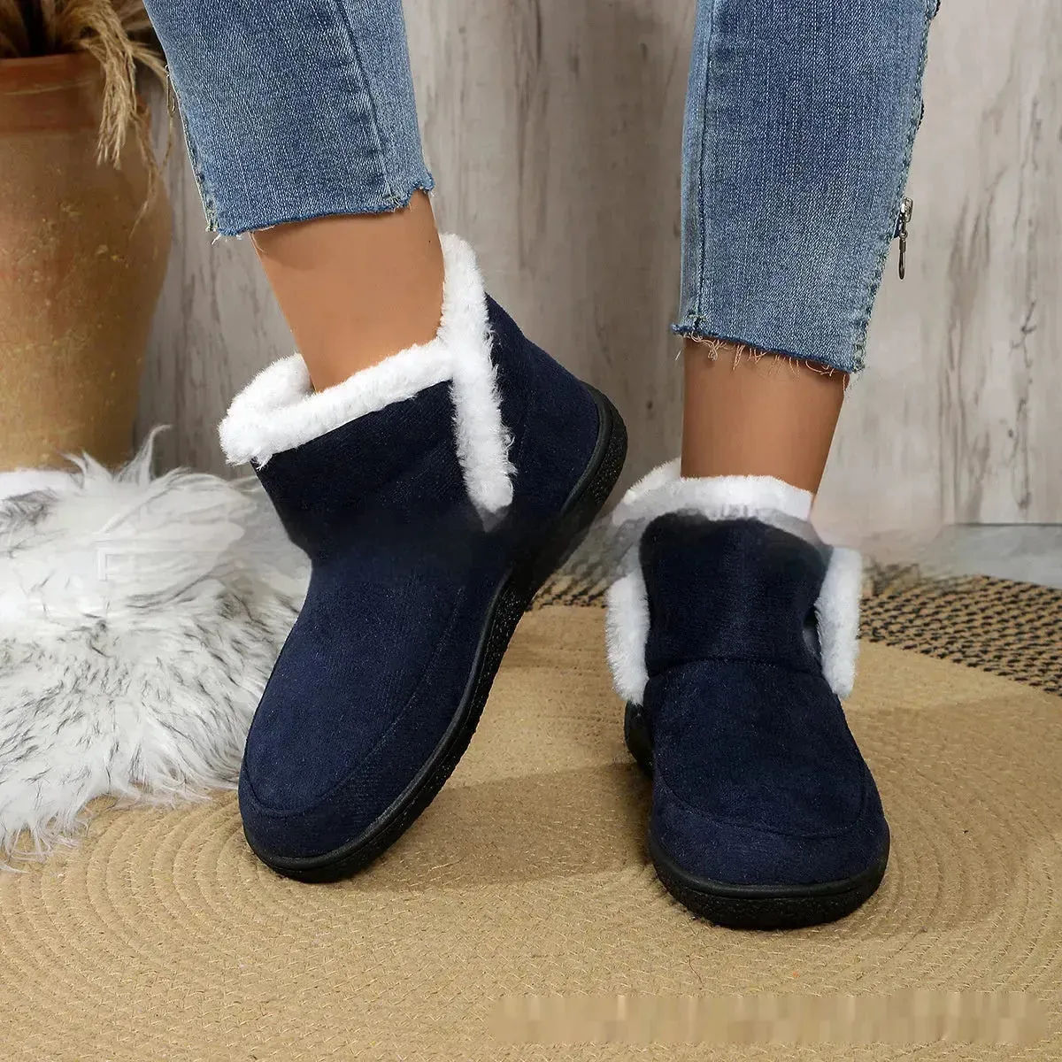 Insulated Cotton-padded Boot Shoes  Flat Bottom Solid Color Fleece Lined perfect for winter