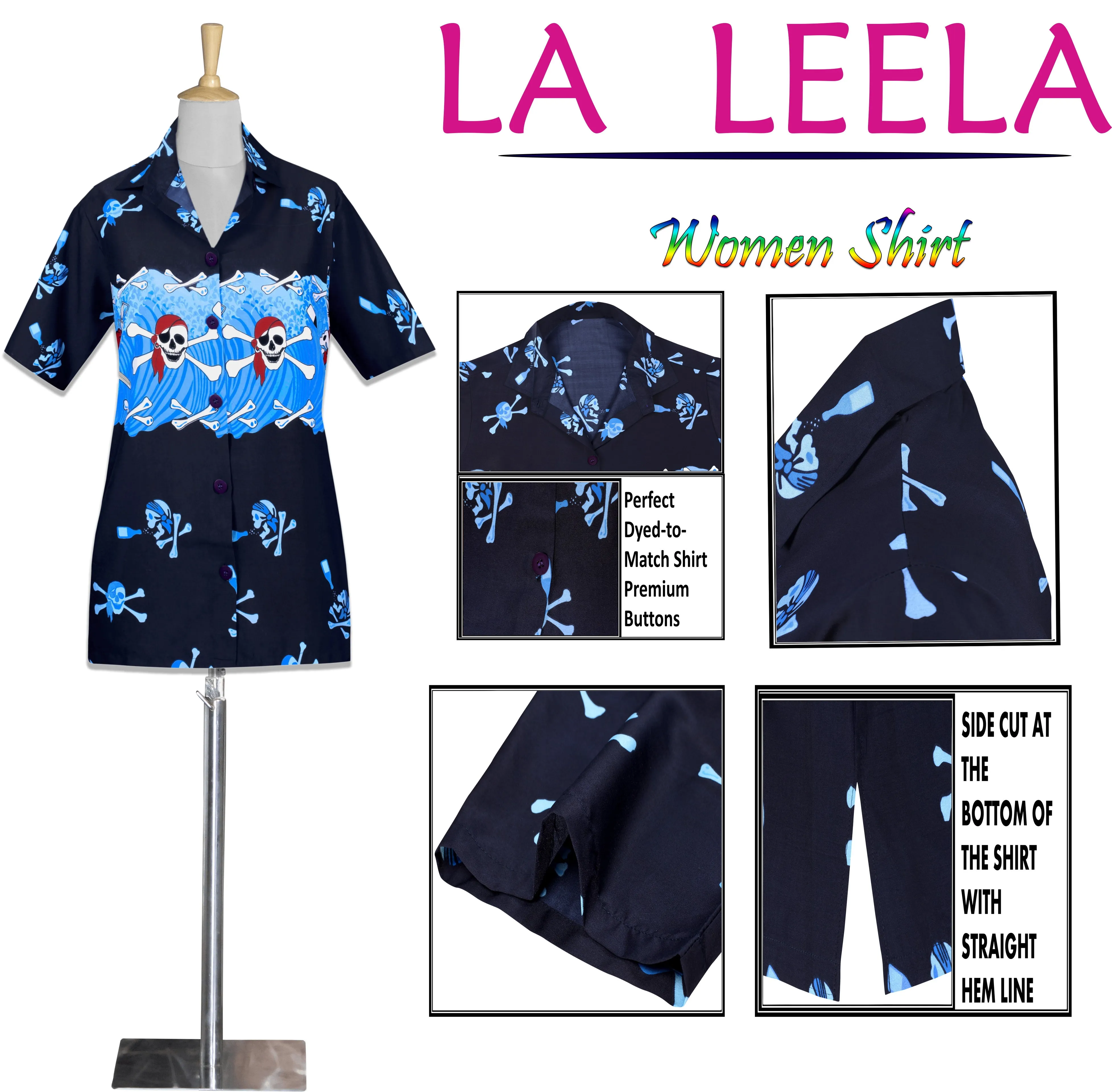 LA LEELA Womens Skull Halloween Costume Casual Beach Hawaiian Shirts Printed Blue Skull pirates printed