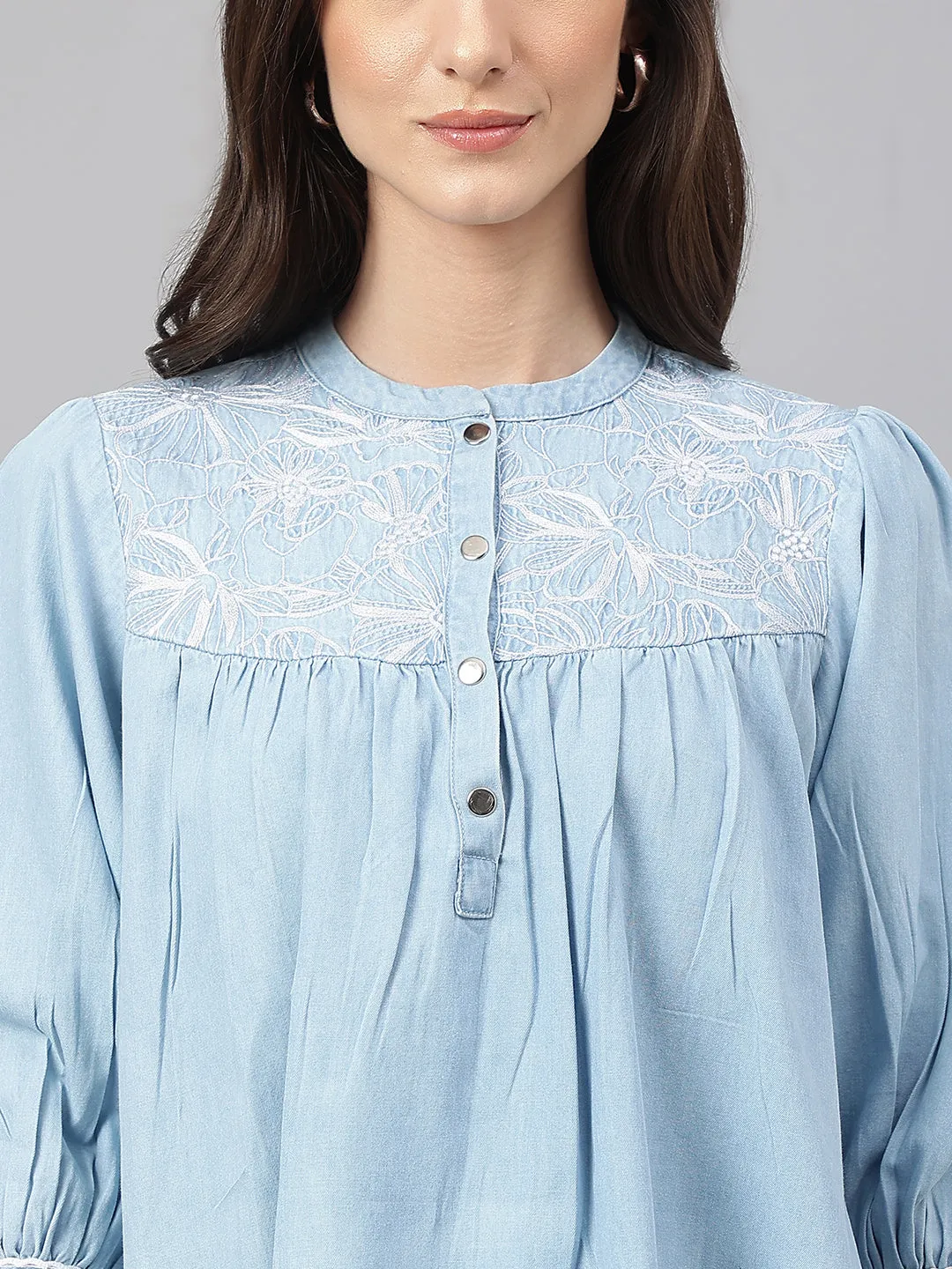 Light Blue Denim Embroidered Flared Tunic