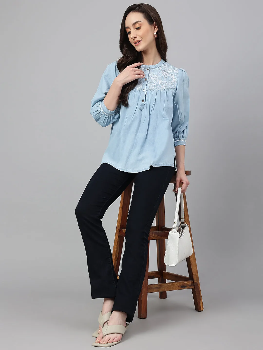 Light Blue Denim Embroidered Flared Tunic