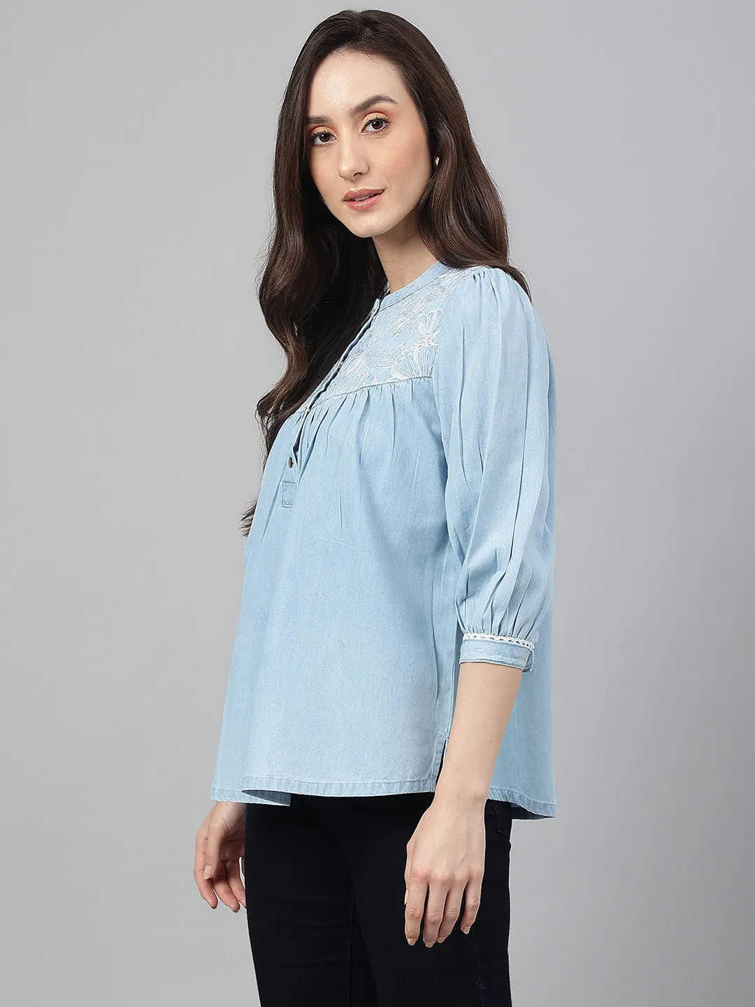 Light Blue Denim Embroidered Flared Tunic