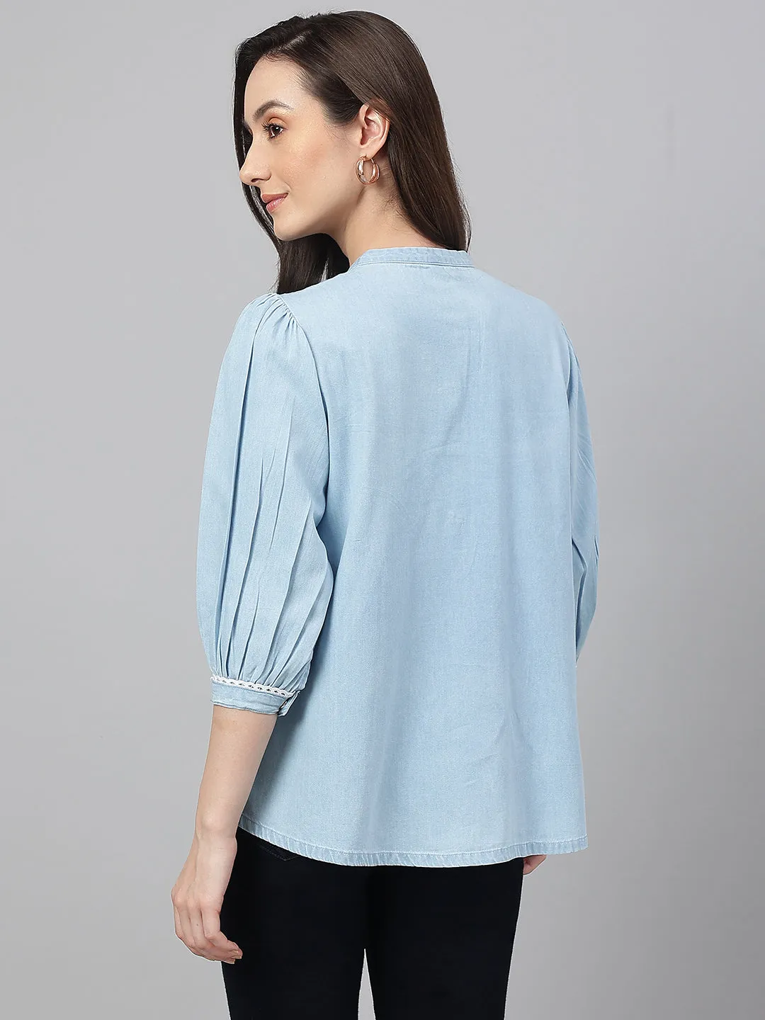 Light Blue Denim Embroidered Flared Tunic