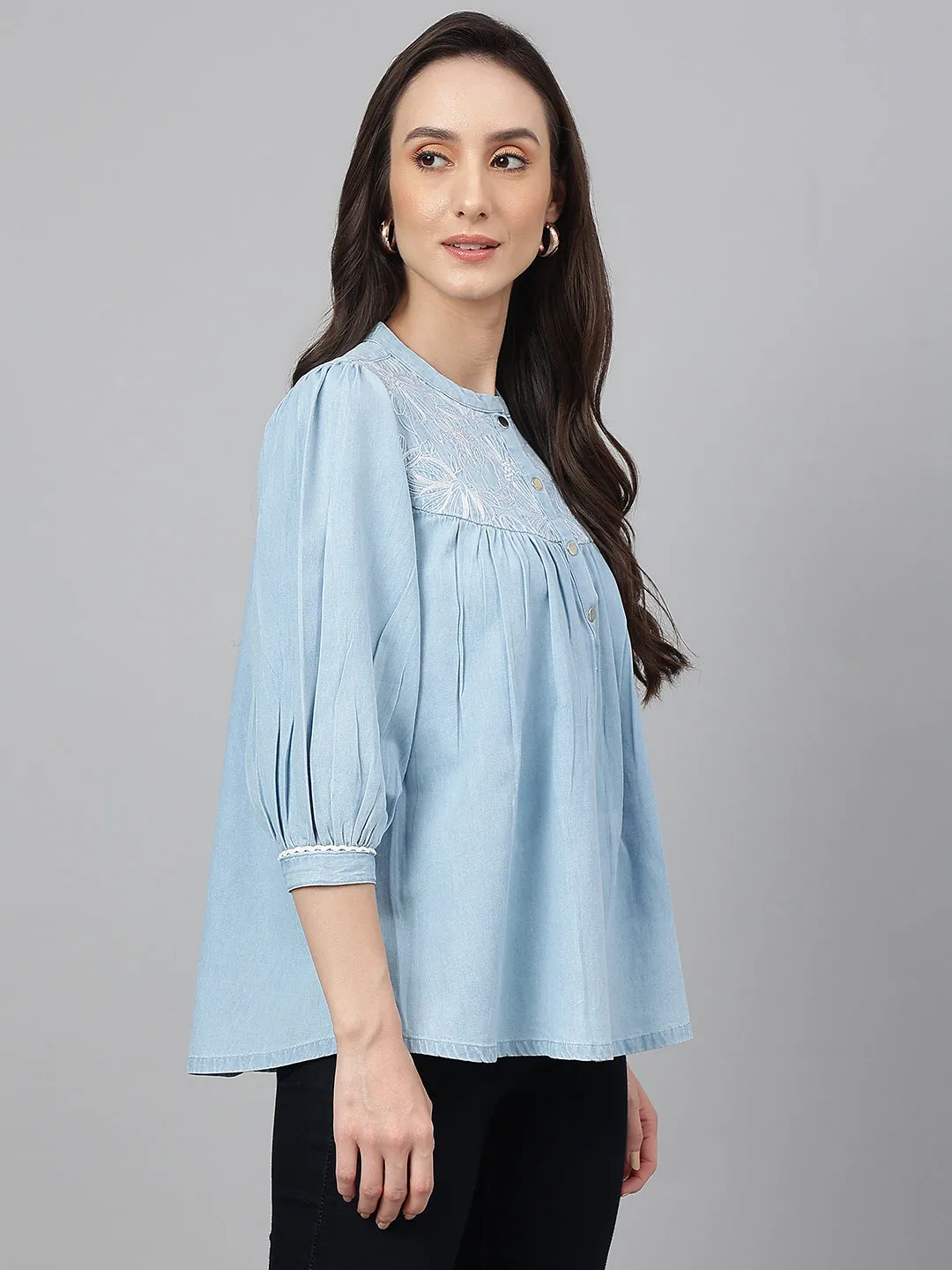 Light Blue Denim Embroidered Flared Tunic