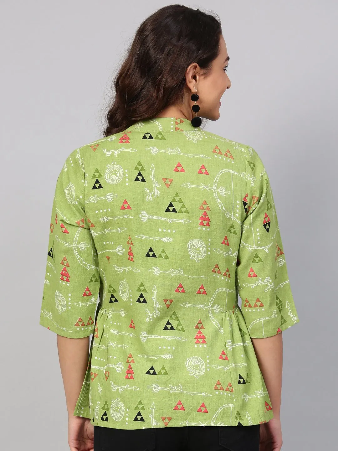 Light Green Tribal Print Tunic With Mandarin Collar & 3/4 Sleeves