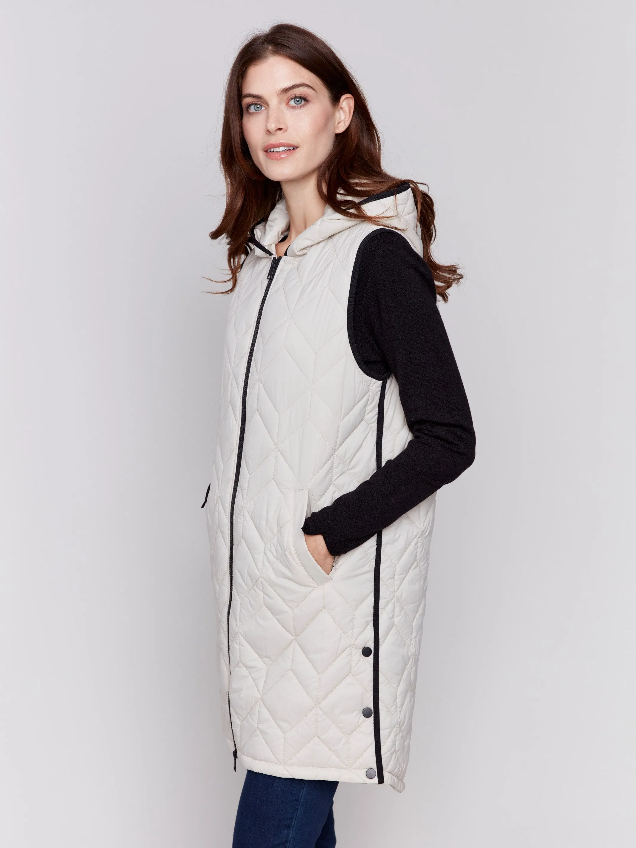 Long Quilted Puffer Vest with Hood - Almond