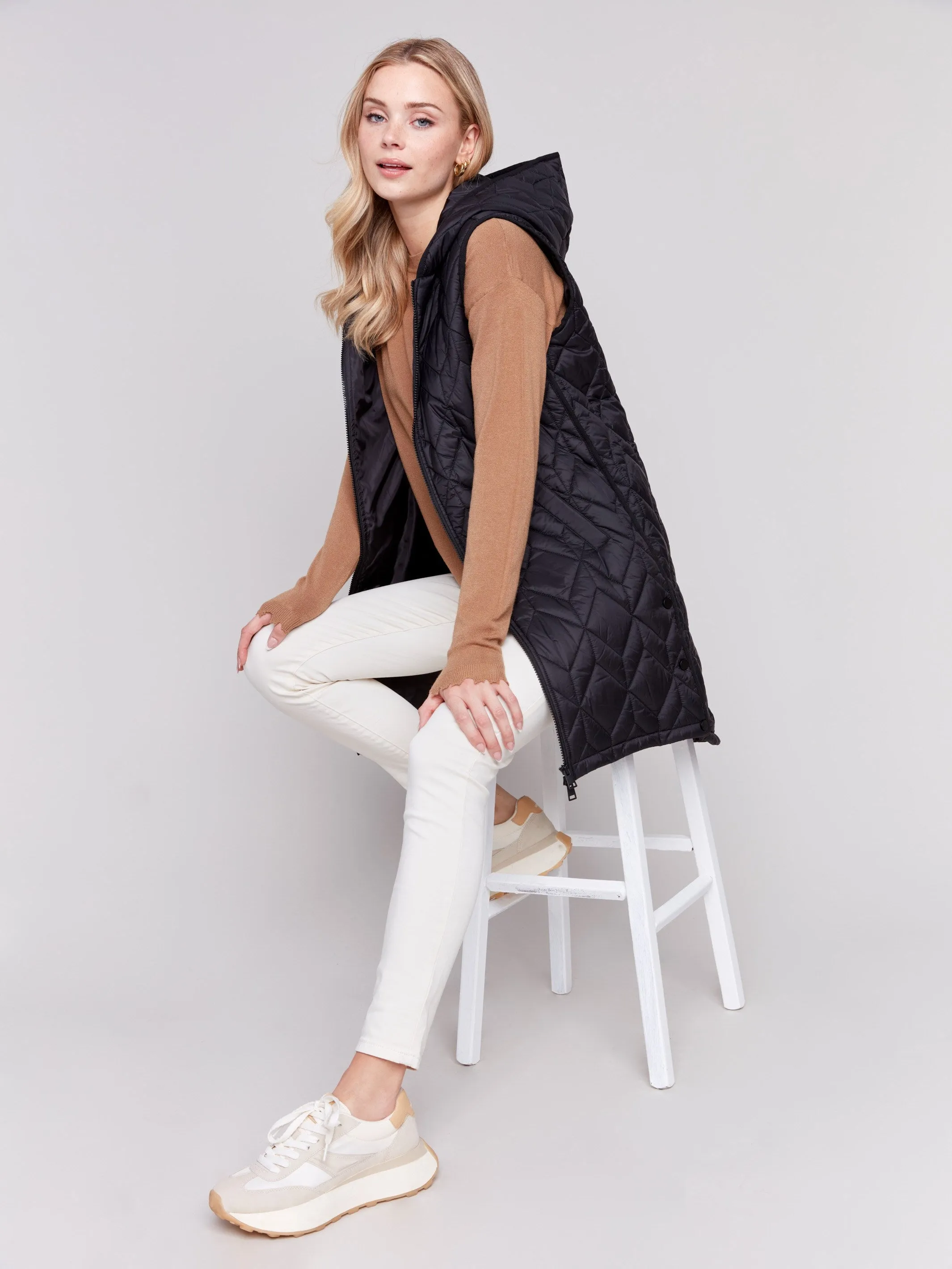 Long Quilted Puffer Vest with Hood - Black